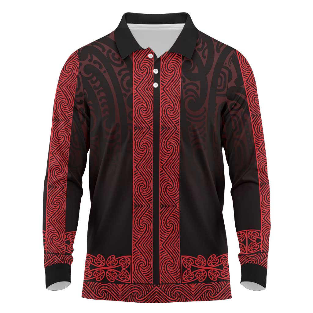 New Zealand Maori Kowhaiwhai Long Sleeve Polo Shirt Whero Maui and Mangopare LT9 Red - Polynesian Pride