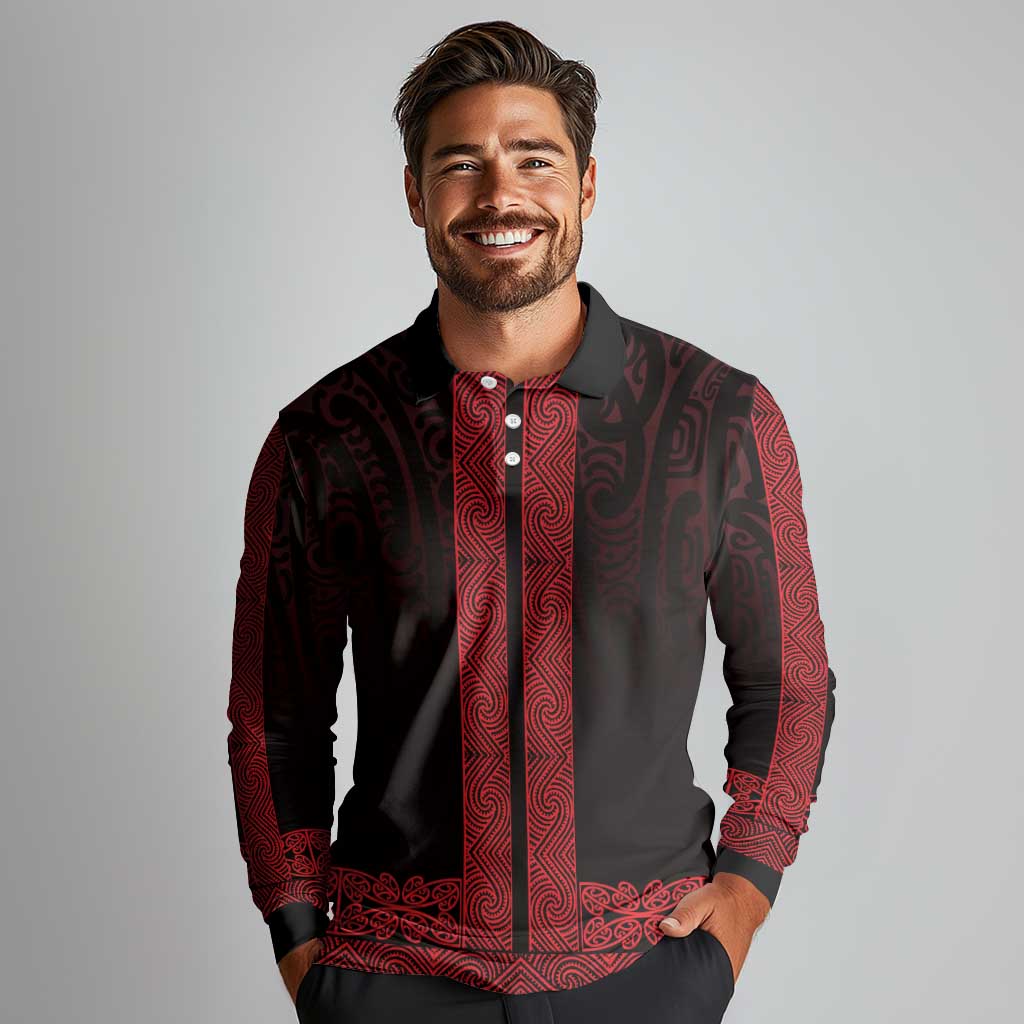 New Zealand Maori Kowhaiwhai Long Sleeve Polo Shirt Whero Maui and Mangopare LT9 - Polynesian Pride
