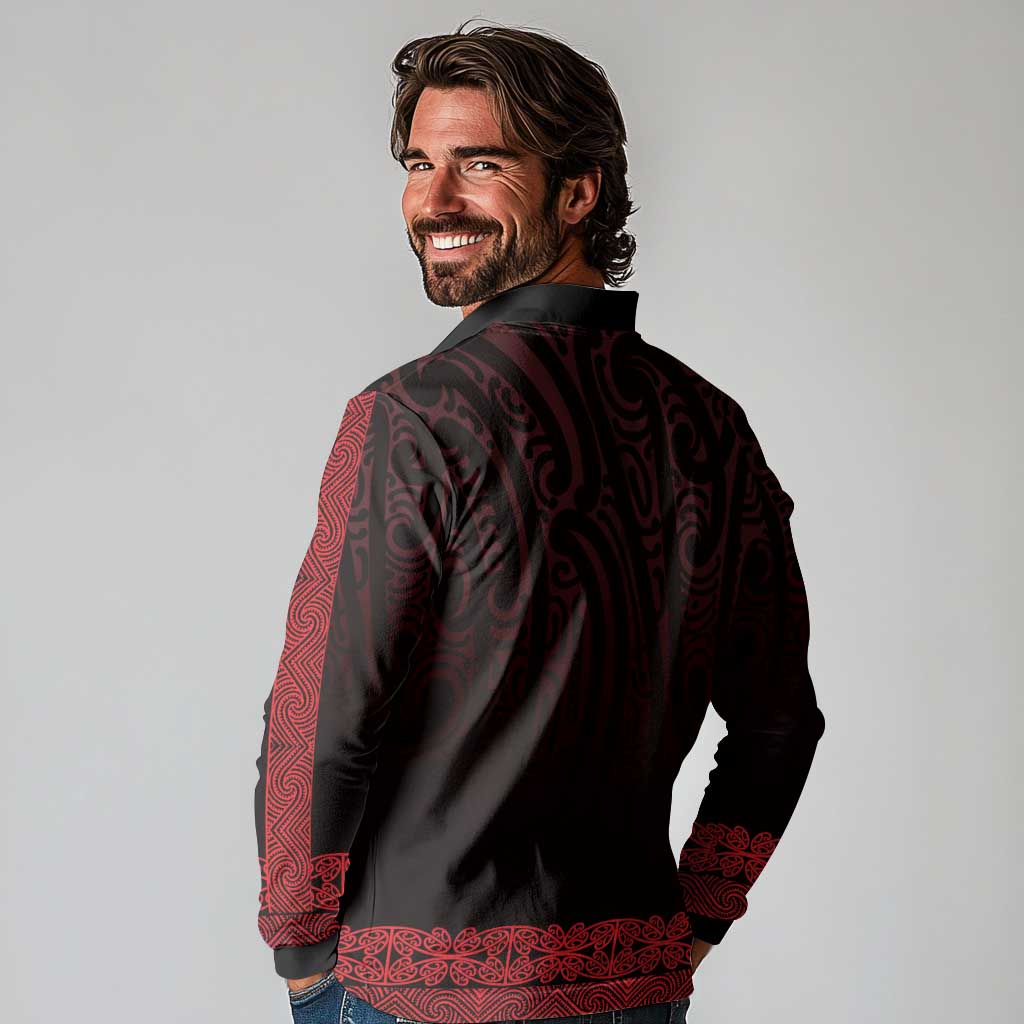 New Zealand Maori Kowhaiwhai Long Sleeve Polo Shirt Whero Maui and Mangopare LT9 - Polynesian Pride