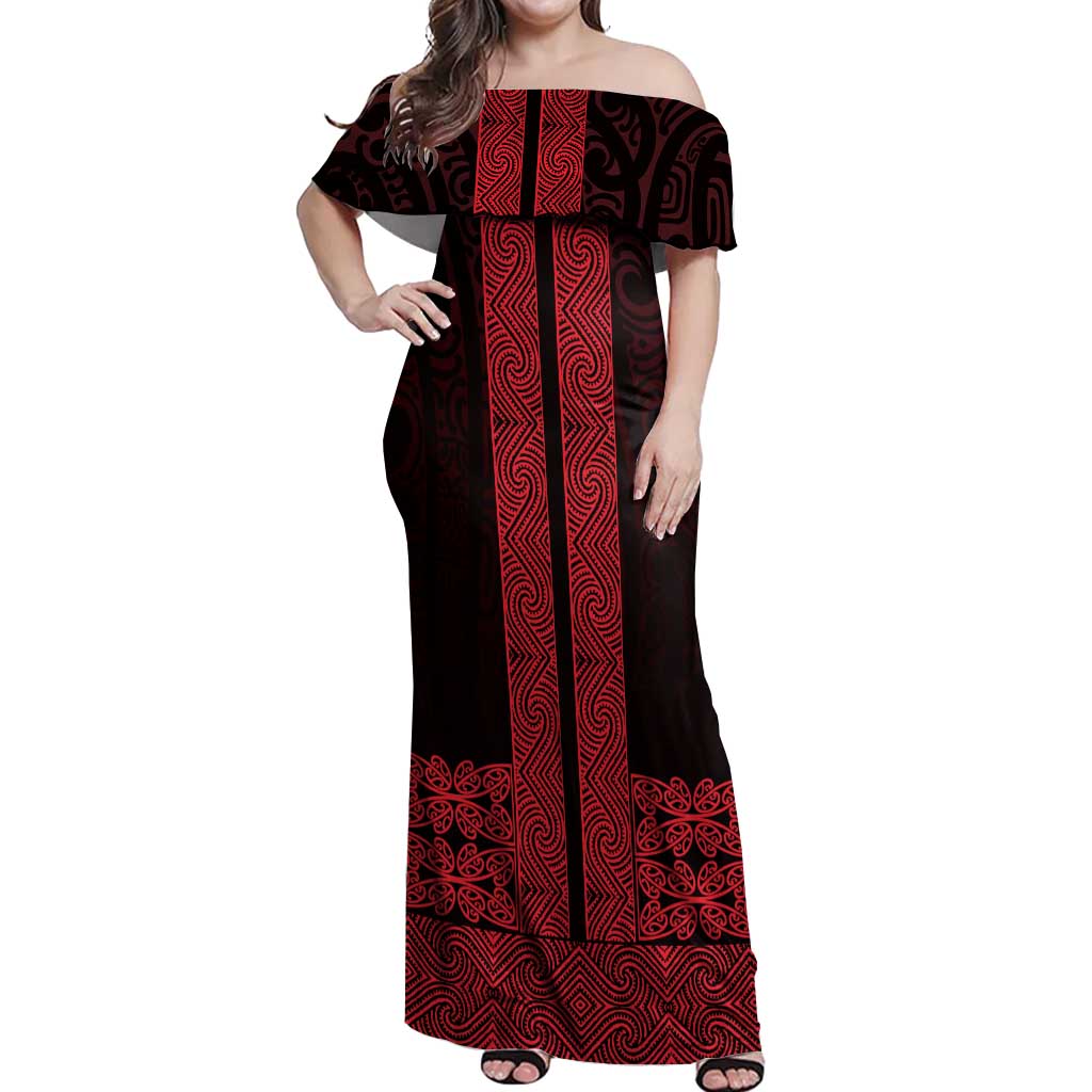 New Zealand Maori Kowhaiwhai Off Shoulder Maxi Dress Whero Maui and Mangopare LT9 Women Red - Polynesian Pride