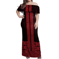 New Zealand Maori Kowhaiwhai Off Shoulder Maxi Dress Whero Maui and Mangopare LT9 Women Red - Polynesian Pride