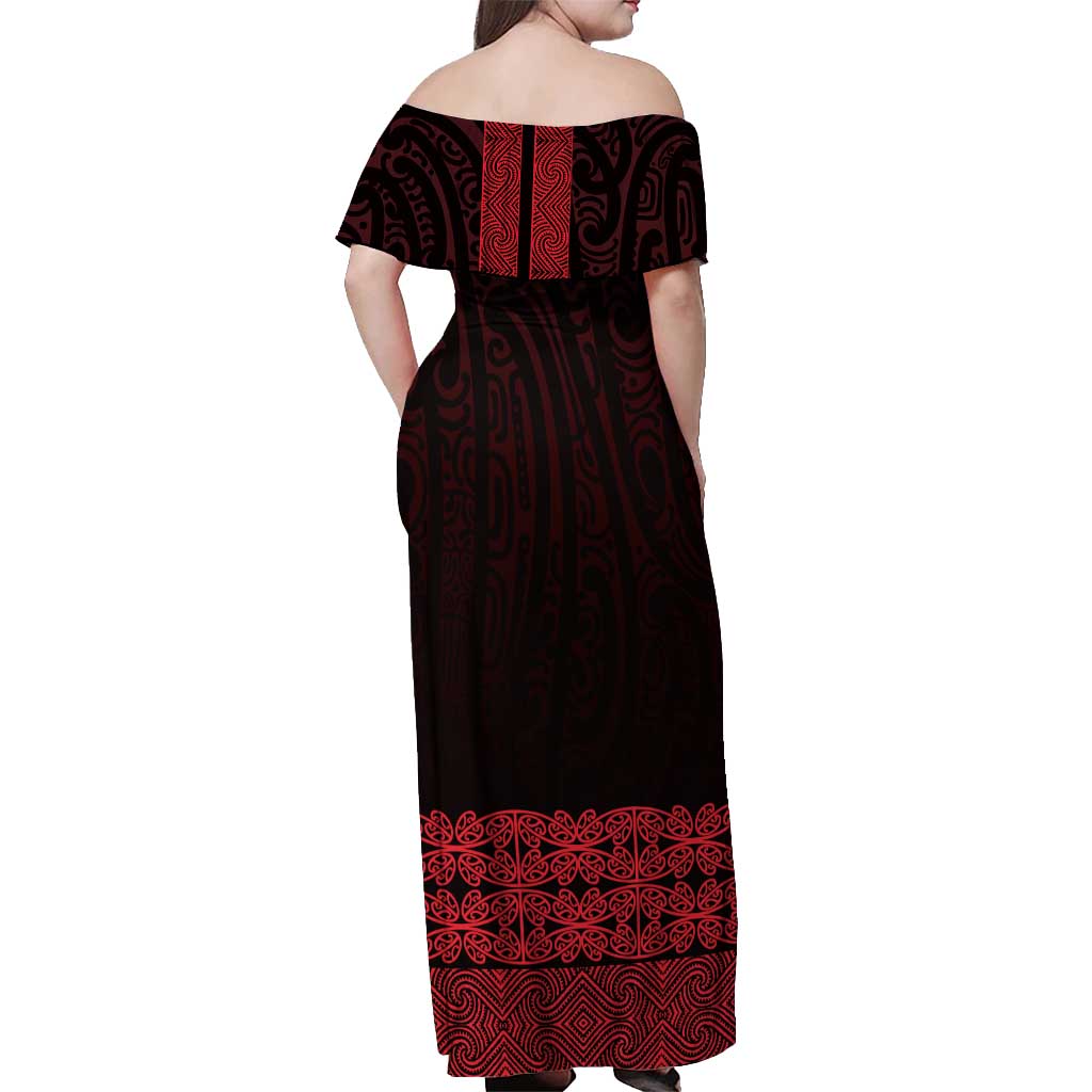 New Zealand Maori Kowhaiwhai Off Shoulder Maxi Dress Whero Maui and Mangopare LT9 - Polynesian Pride