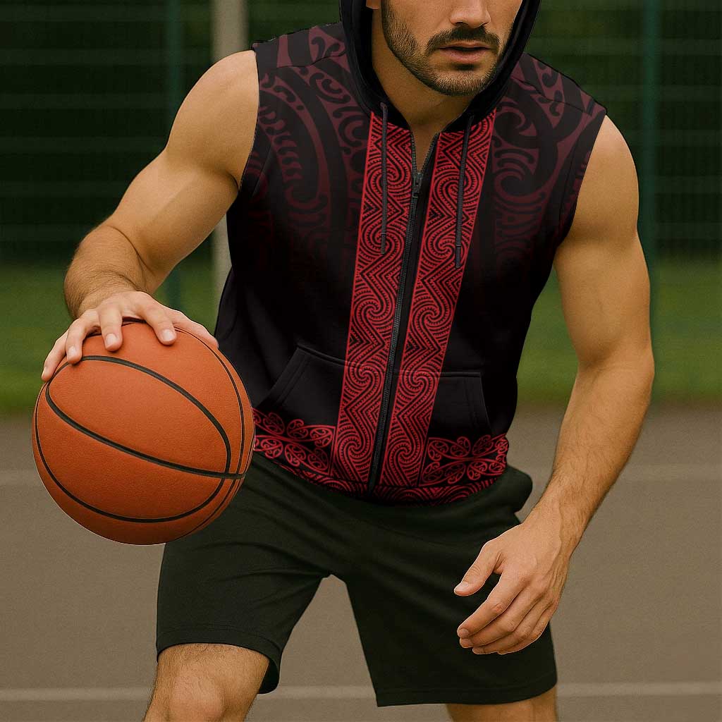 New Zealand Maori Kowhaiwhai Sleeveless Zip Hoodie Whero Maui and Mangopare LT9 - Polynesian Pride