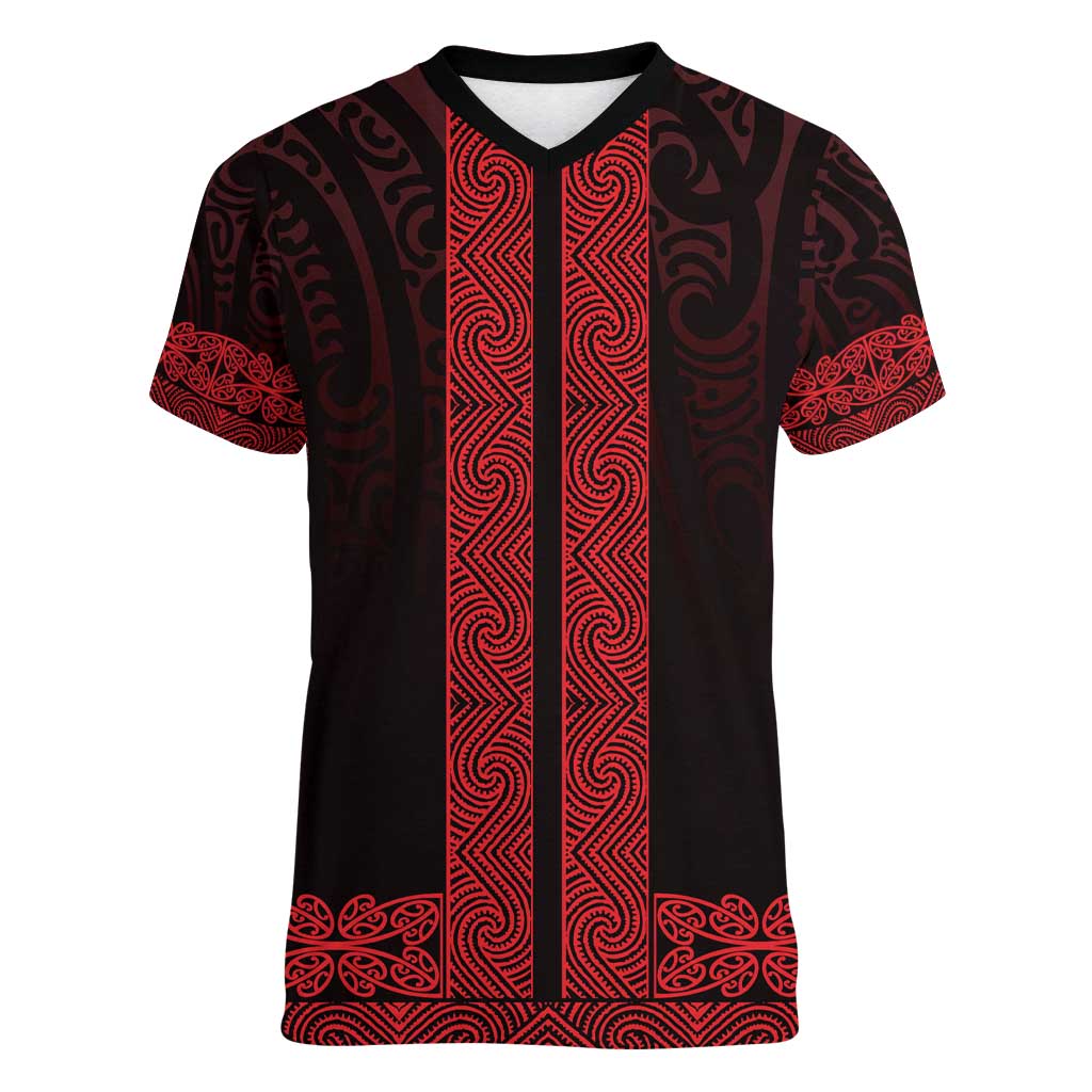 New Zealand Maori Kowhaiwhai Women V-Neck T-Shirt Whero Maui and Mangopare LT9 Female Red - Polynesian Pride