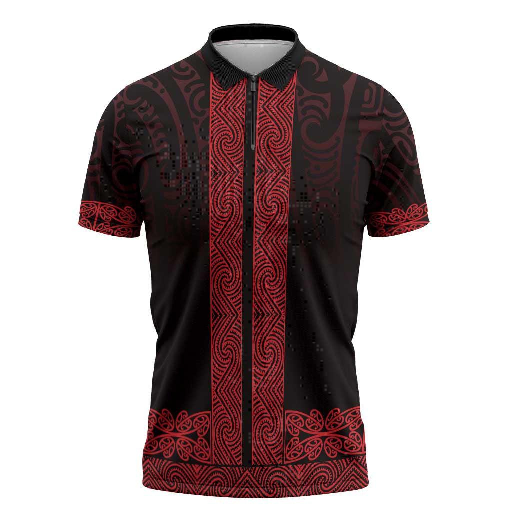 New Zealand Maori Kowhaiwhai Zipper Polo Shirt Whero Maui and Mangopare LT9 Red - Polynesian Pride