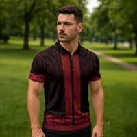 New Zealand Maori Kowhaiwhai Zipper Polo Shirt Whero Maui and Mangopare LT9 - Polynesian Pride