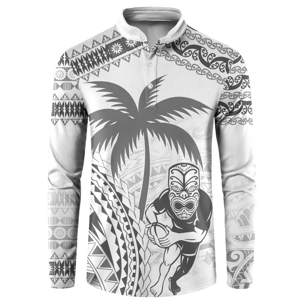 Custom Fiji Black Fern Button Sweatshirt Maori Warroir with Fijian Masi Pattern LT9 White - Polynesian Pride