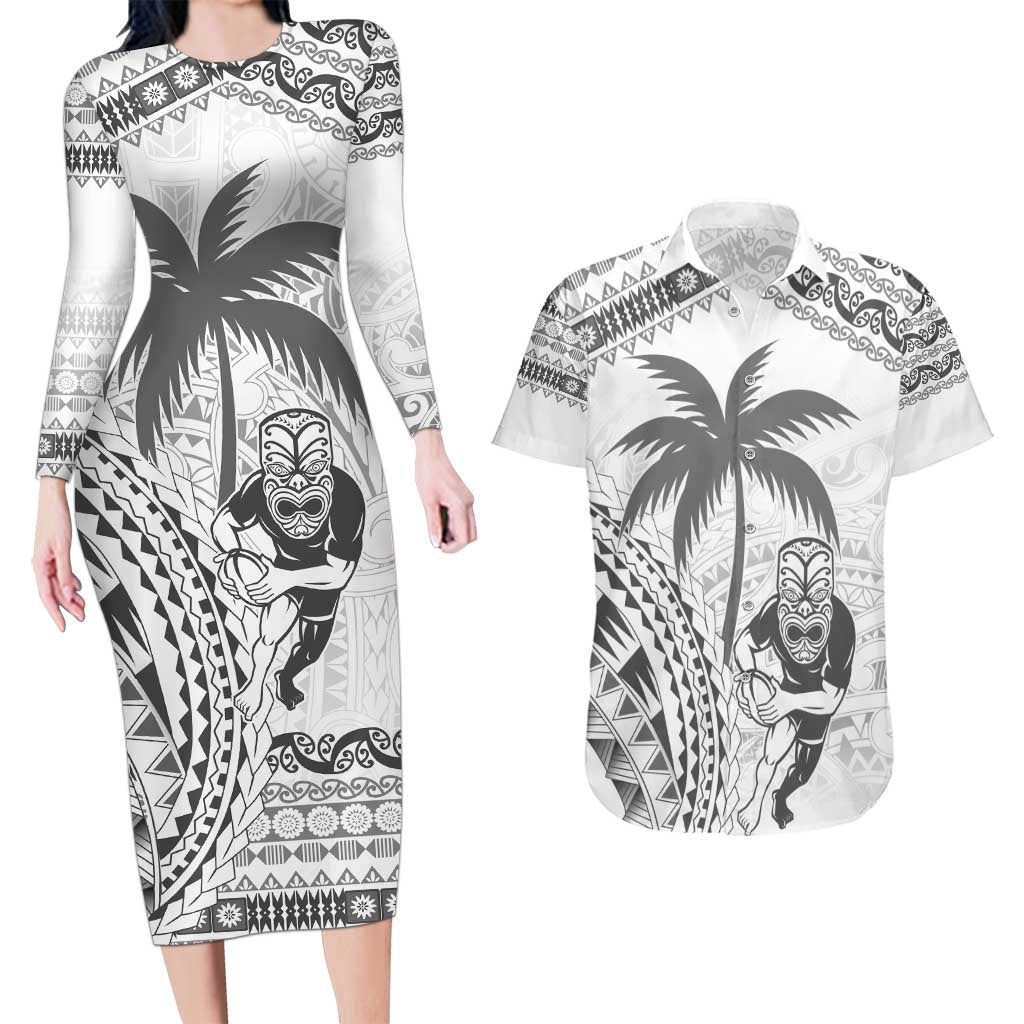 Custom Fiji Black Fern Couples Matching Long Sleeve Bodycon Dress and Hawaiian Shirt Maori Warroir with Fijian Masi Pattern LT9 White - Polynesian Pride