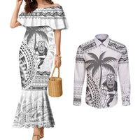 Custom Fiji Black Fern Couples Matching Mermaid Dress and Long Sleeve Button Shirt Maori Warroir with Fijian Masi Pattern LT9 White - Polynesian Pride