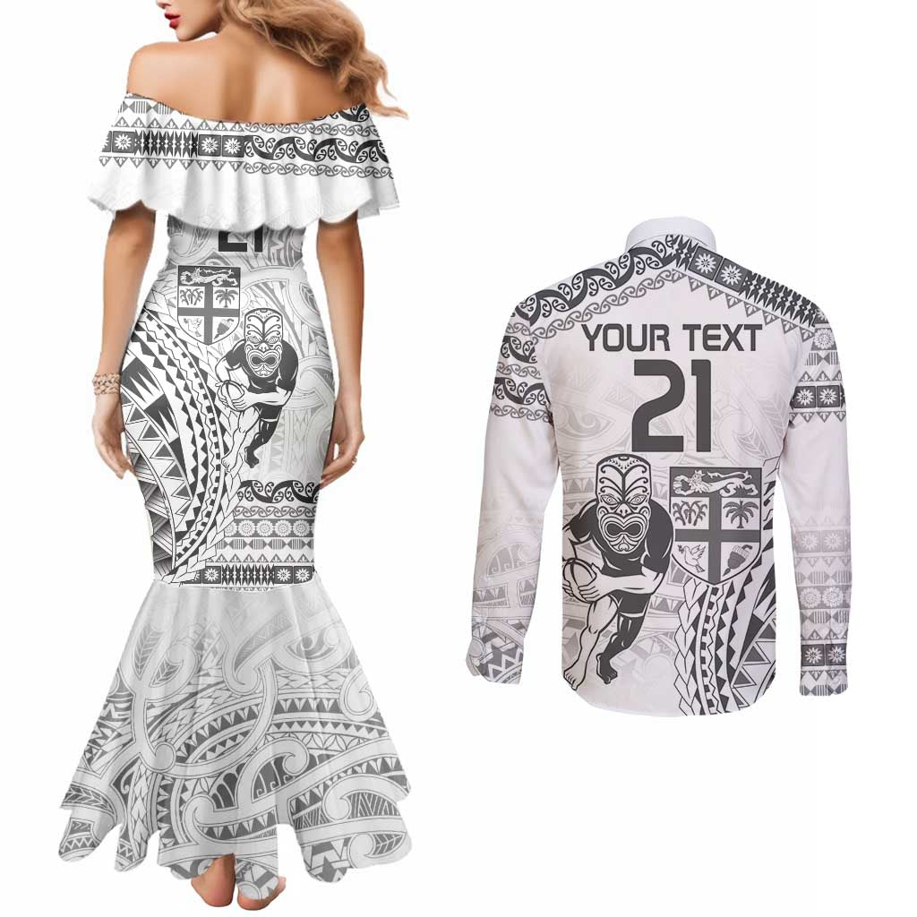 Custom Fiji Black Fern Couples Matching Mermaid Dress and Long Sleeve Button Shirt Maori Warroir with Fijian Masi Pattern LT9 - Polynesian Pride