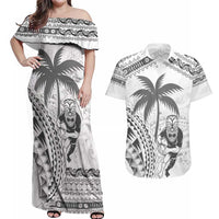 Custom Fiji Black Fern Couples Matching Off Shoulder Maxi Dress and Hawaiian Shirt Maori Warroir with Fijian Masi Pattern LT9 White - Polynesian Pride