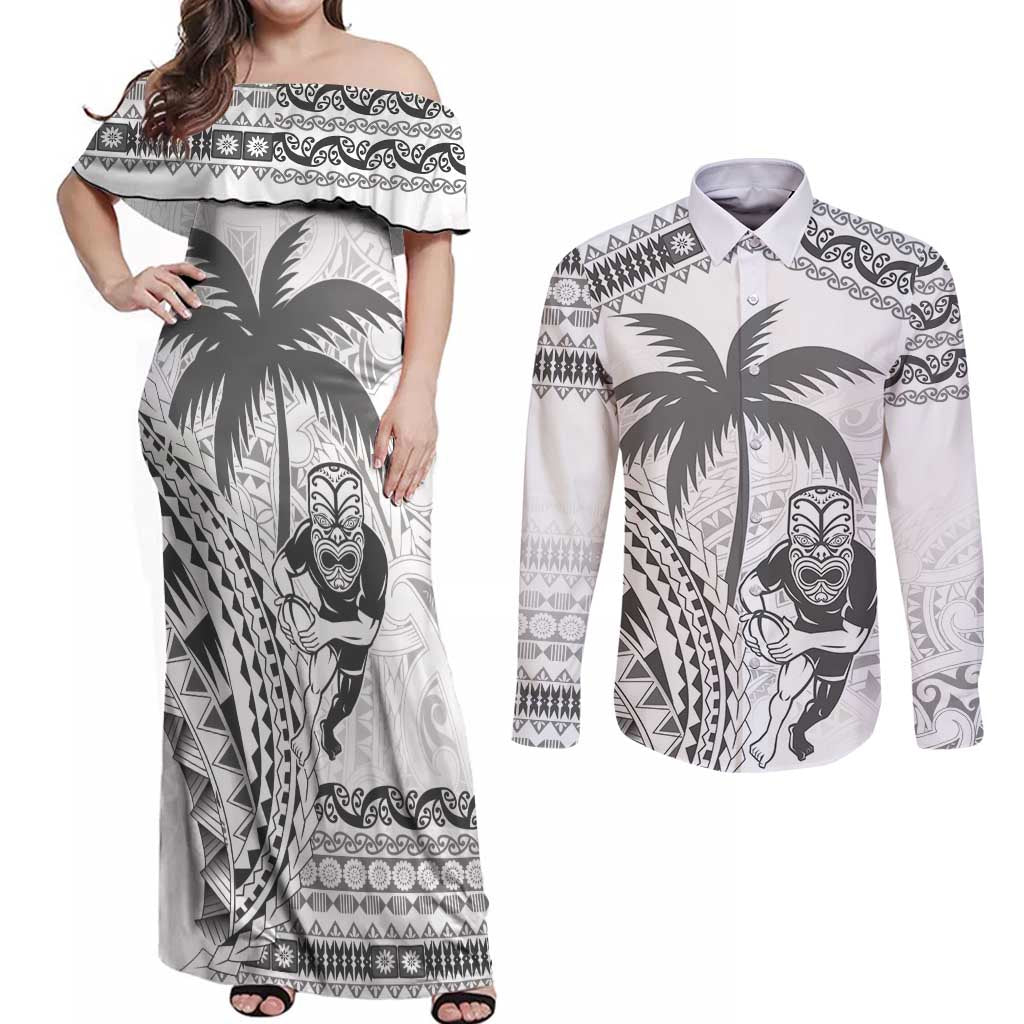 Custom Fiji Black Fern Couples Matching Off Shoulder Maxi Dress and Long Sleeve Button Shirt Maori Warroir with Fijian Masi Pattern LT9 White - Polynesian Pride