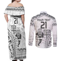 Custom Fiji Black Fern Couples Matching Off Shoulder Maxi Dress and Long Sleeve Button Shirt Maori Warroir with Fijian Masi Pattern LT9 - Polynesian Pride