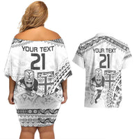 Custom Fiji Black Fern Couples Matching Off Shoulder Short Dress and Hawaiian Shirt Maori Warroir with Fijian Masi Pattern LT9 - Polynesian Pride