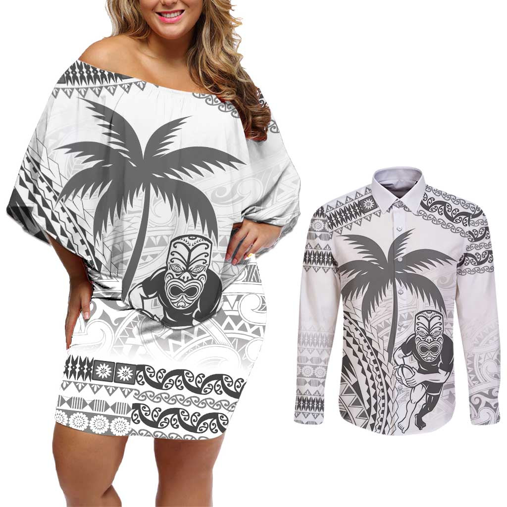 Custom Fiji Black Fern Couples Matching Off Shoulder Short Dress and Long Sleeve Button Shirt Maori Warroir with Fijian Masi Pattern LT9 White - Polynesian Pride