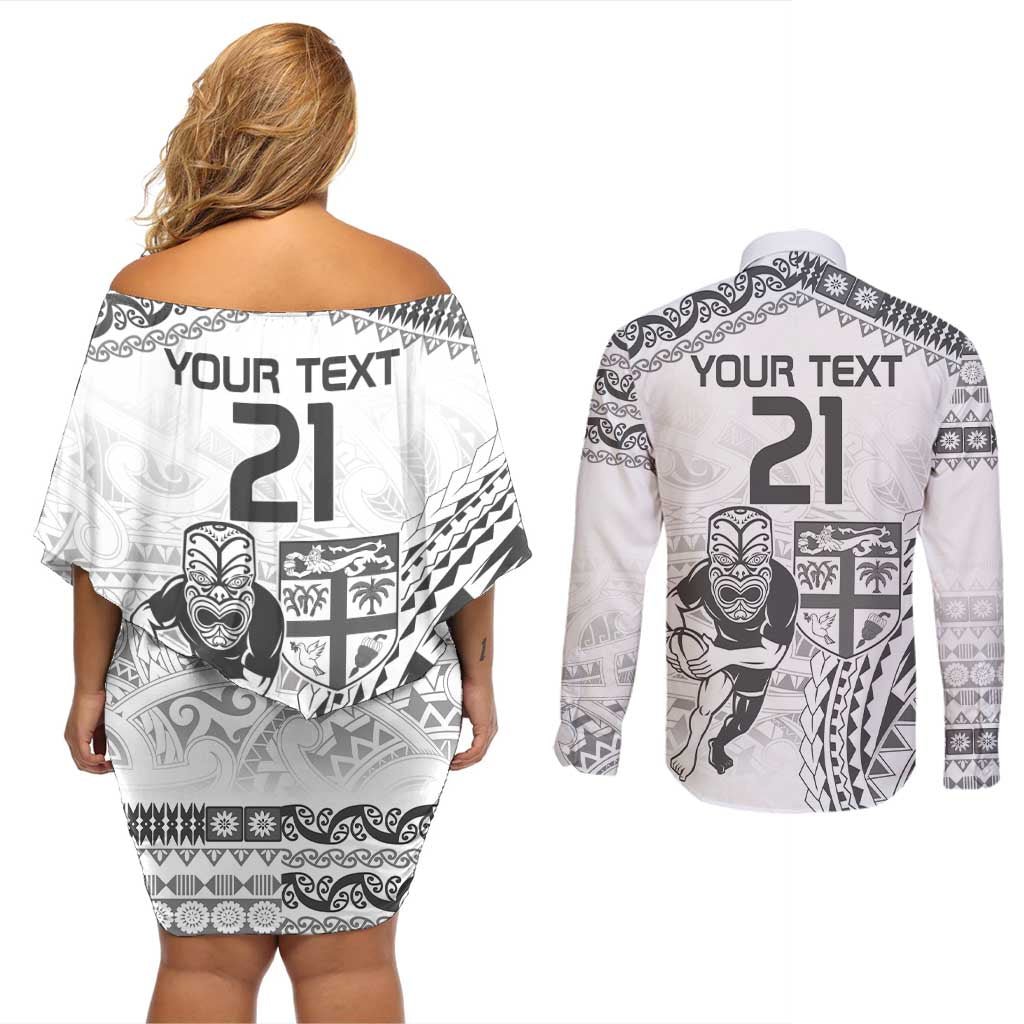 Custom Fiji Black Fern Couples Matching Off Shoulder Short Dress and Long Sleeve Button Shirt Maori Warroir with Fijian Masi Pattern LT9 - Polynesian Pride