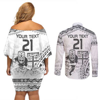 Custom Fiji Black Fern Couples Matching Off Shoulder Short Dress and Long Sleeve Button Shirt Maori Warroir with Fijian Masi Pattern LT9 - Polynesian Pride