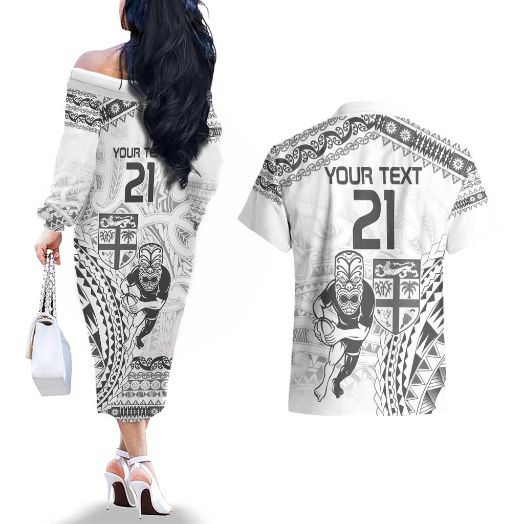 Custom Fiji Black Fern Couples Matching Off The Shoulder Long Sleeve Dress and Hawaiian Shirt Maori Warroir with Fijian Masi Pattern LT9 - Polynesian Pride