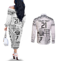 Custom Fiji Black Fern Couples Matching Off The Shoulder Long Sleeve Dress and Long Sleeve Button Shirt Maori Warroir with Fijian Masi Pattern LT9 - Polynesian Pride