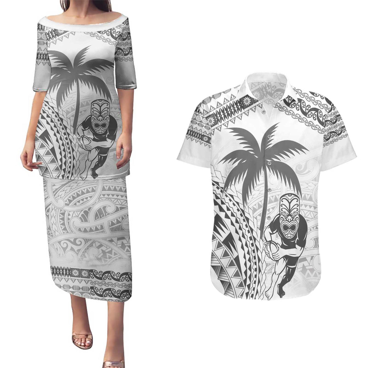 Custom Fiji Black Fern Couples Matching Puletasi and Hawaiian Shirt Maori Warroir with Fijian Masi Pattern LT9 White - Polynesian Pride