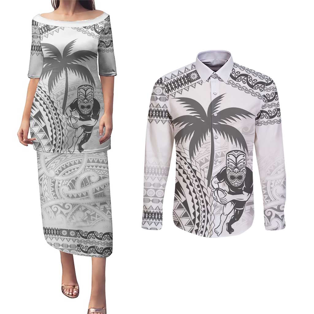 Custom Fiji Black Fern Couples Matching Puletasi and Long Sleeve Button Shirt Maori Warroir with Fijian Masi Pattern LT9 White - Polynesian Pride