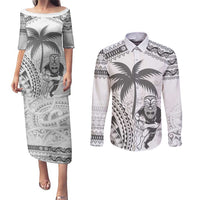 Custom Fiji Black Fern Couples Matching Puletasi and Long Sleeve Button Shirt Maori Warroir with Fijian Masi Pattern LT9 White - Polynesian Pride