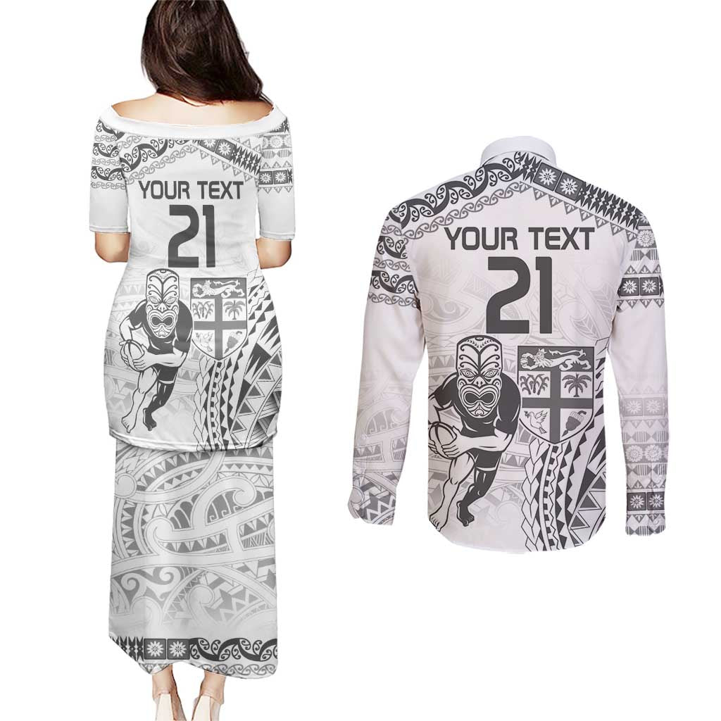 Custom Fiji Black Fern Couples Matching Puletasi and Long Sleeve Button Shirt Maori Warroir with Fijian Masi Pattern LT9 - Polynesian Pride