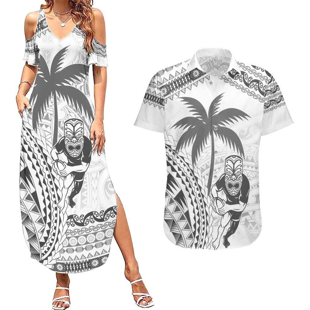 Custom Fiji Black Fern Couples Matching Summer Maxi Dress and Hawaiian Shirt Maori Warroir with Fijian Masi Pattern LT9 White - Polynesian Pride
