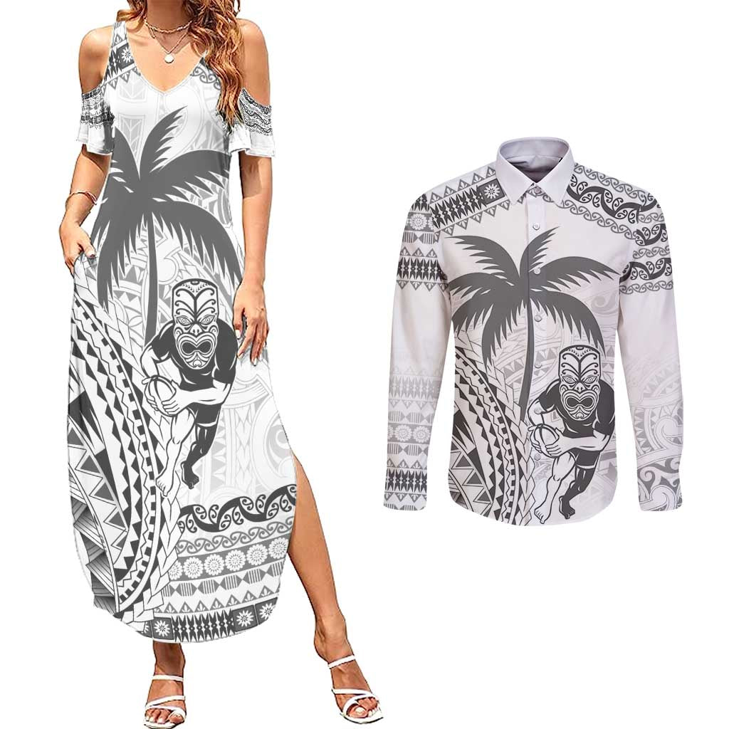 Custom Fiji Black Fern Couples Matching Summer Maxi Dress and Long Sleeve Button Shirt Maori Warroir with Fijian Masi Pattern LT9 White - Polynesian Pride