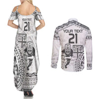 Custom Fiji Black Fern Couples Matching Summer Maxi Dress and Long Sleeve Button Shirt Maori Warroir with Fijian Masi Pattern LT9 - Polynesian Pride