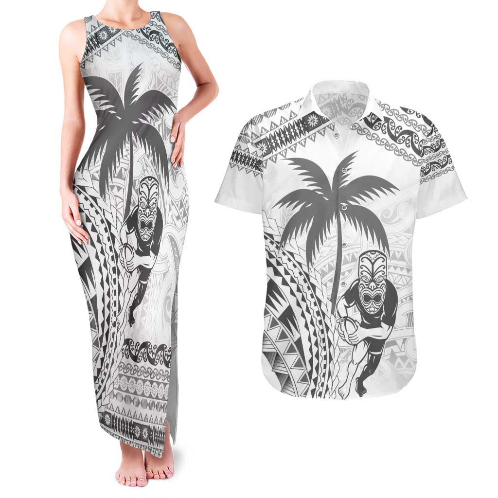 Custom Fiji Black Fern Couples Matching Tank Maxi Dress and Hawaiian Shirt Maori Warroir with Fijian Masi Pattern LT9 White - Polynesian Pride