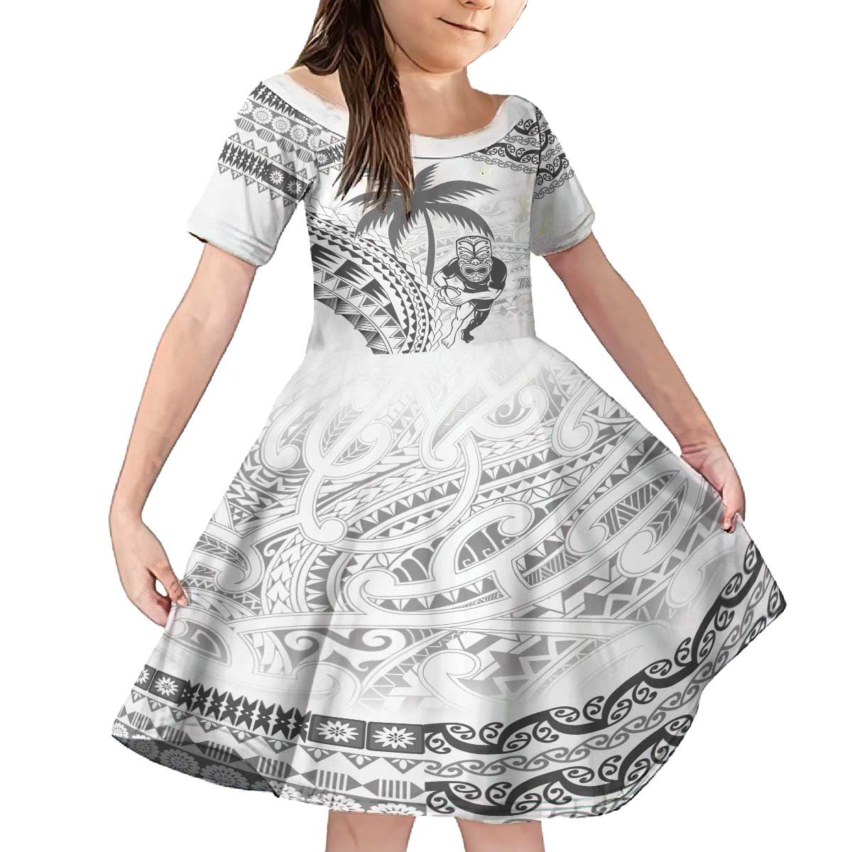 Custom Fiji Black Fern Family Matching Off The Shoulder Long Sleeve Dress and Hawaiian Shirt Maori Warroir with Fijian Masi Pattern LT9 Daughter's Dress White - Polynesian Pride