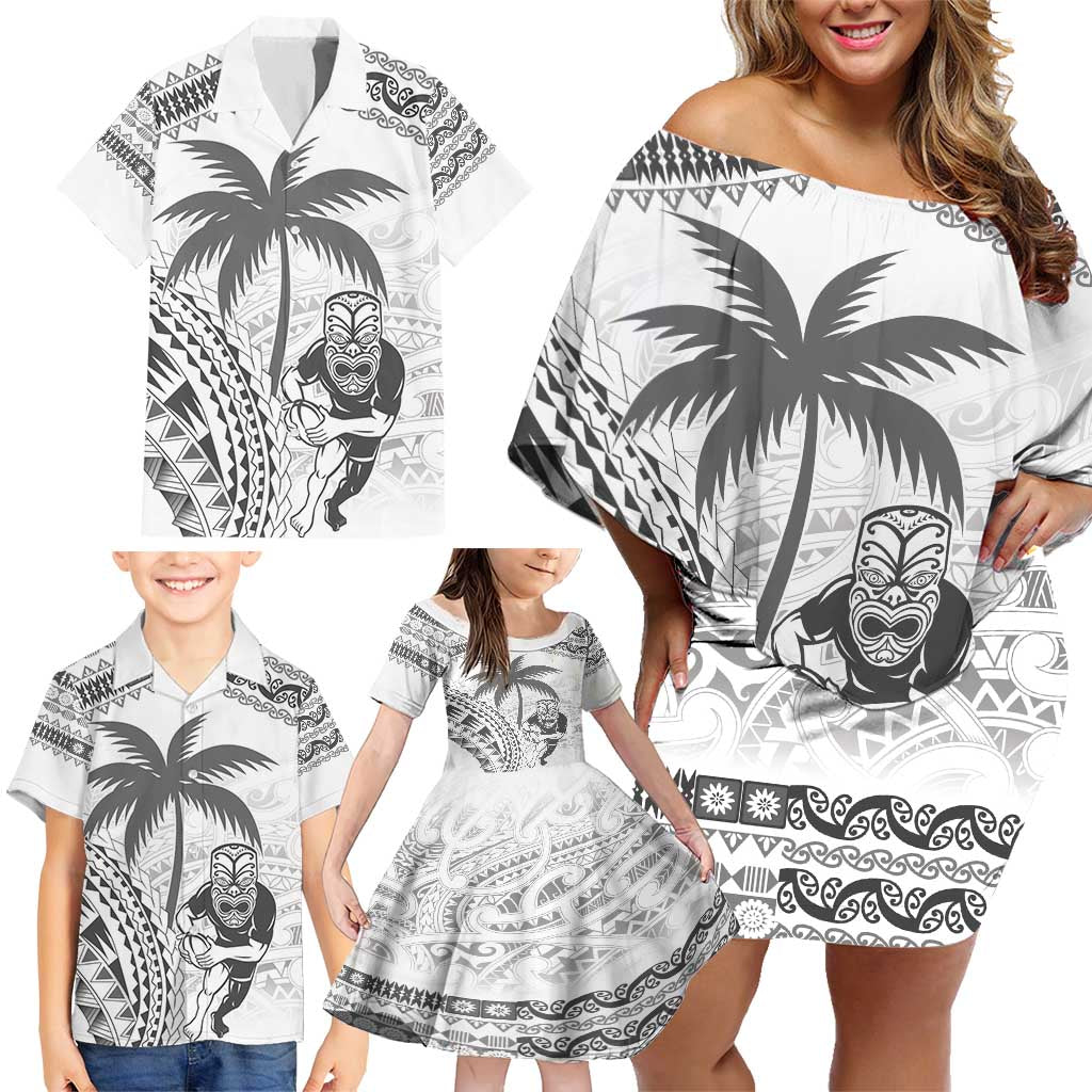 Custom Fiji Black Fern Family Matching Off Shoulder Short Dress and Hawaiian Shirt Maori Warroir with Fijian Masi Pattern LT9 - Polynesian Pride