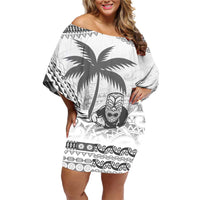 Custom Fiji Black Fern Family Matching Off Shoulder Short Dress and Hawaiian Shirt Maori Warroir with Fijian Masi Pattern LT9 Mom's Dress White - Polynesian Pride