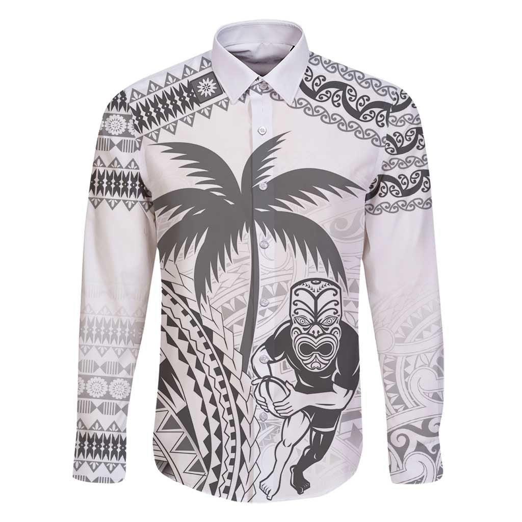 Custom Fiji Black Fern Family Matching Tank Maxi Dress and Hawaiian Shirt Maori Warroir with Fijian Masi Pattern LT9 Dad's Shirt - Long Sleeve White - Polynesian Pride