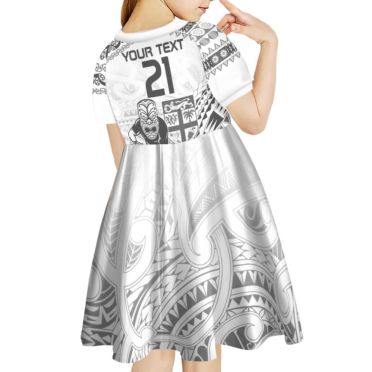 Custom Fiji Black Fern Kid Short Sleeve Dress Maori Warroir with Fijian Masi Pattern LT9 - Polynesian Pride