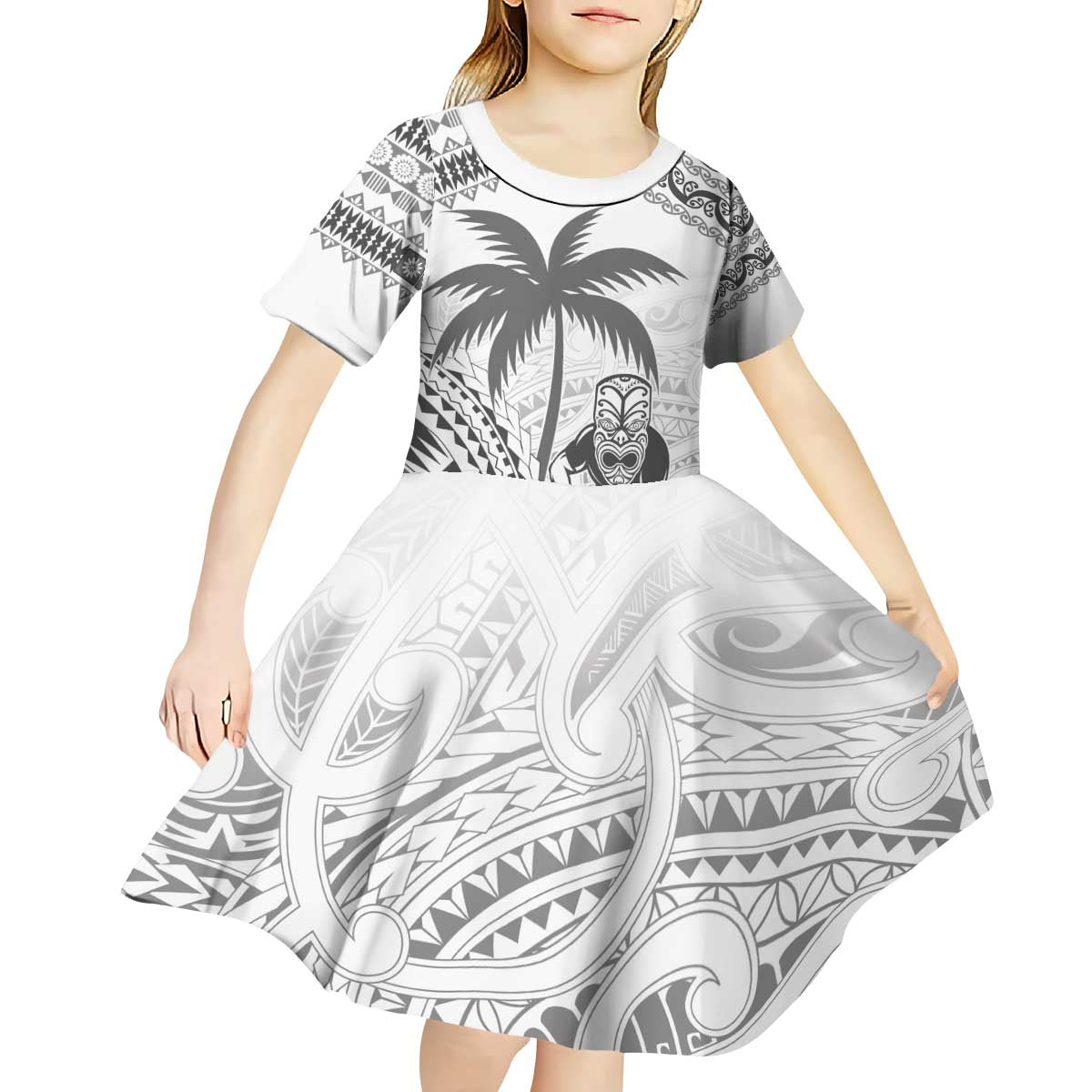 Custom Fiji Black Fern Kid Short Sleeve Dress Maori Warroir with Fijian Masi Pattern LT9 - Polynesian Pride