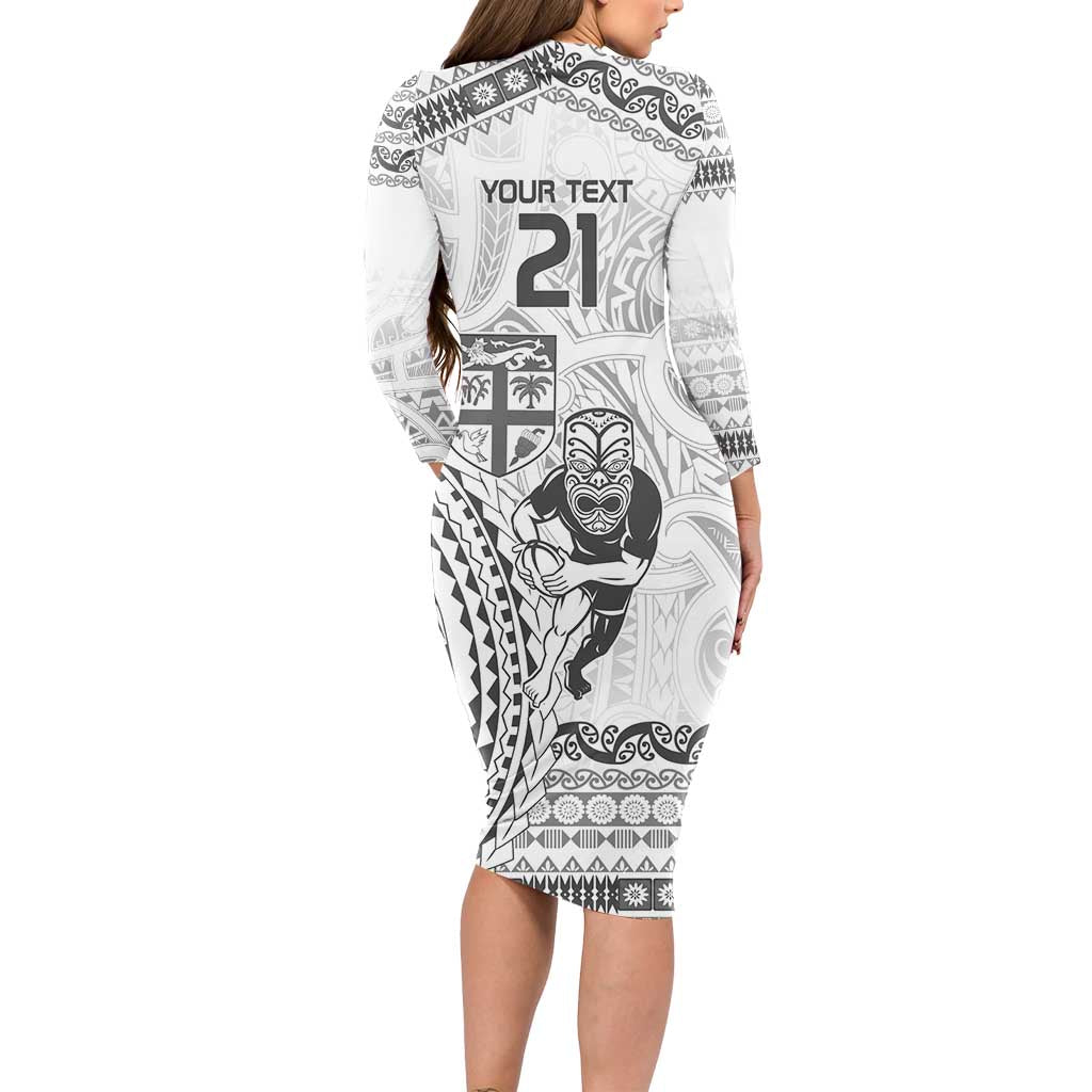 Custom Fiji Black Fern Long Sleeve Bodycon Dress Maori Warroir with Fijian Masi Pattern LT9 - Polynesian Pride