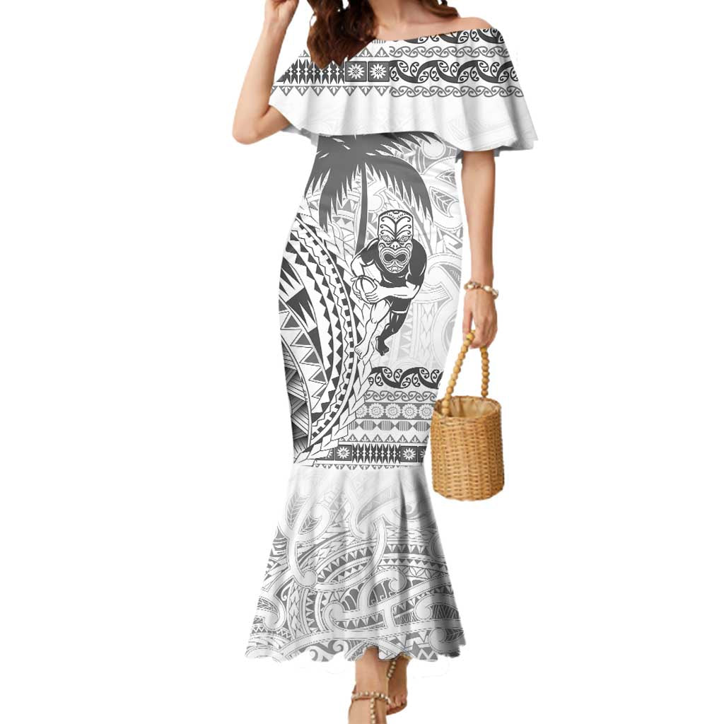 Custom Fiji Black Fern Mermaid Dress Maori Warroir with Fijian Masi Pattern LT9 Women White - Polynesian Pride