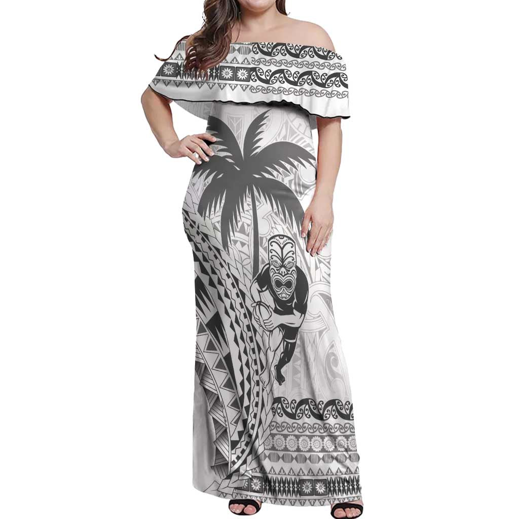 Custom Fiji Black Fern Off Shoulder Maxi Dress Maori Warroir with Fijian Masi Pattern LT9 Women White - Polynesian Pride