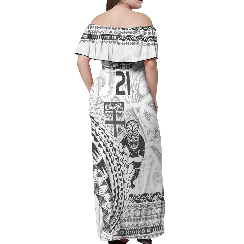 Custom Fiji Black Fern Off Shoulder Maxi Dress Maori Warroir with Fijian Masi Pattern LT9 - Polynesian Pride