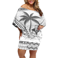 Custom Fiji Black Fern Off Shoulder Short Dress Maori Warroir with Fijian Masi Pattern LT9 Women White - Polynesian Pride