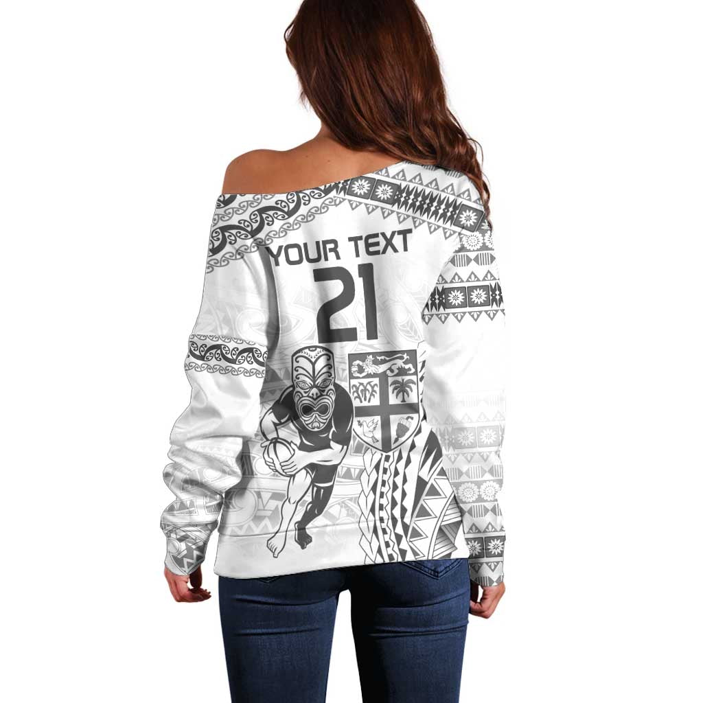 Custom Fiji Black Fern Off Shoulder Sweater Maori Warroir with Fijian Masi Pattern