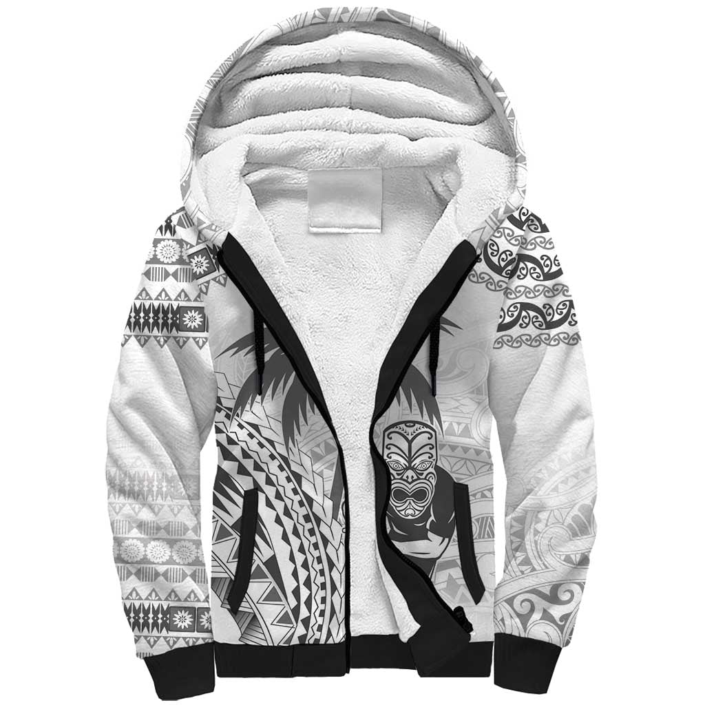 Custom Fiji Black Fern Sherpa Hoodie Maori Warroir with Fijian Masi Pattern LT9 Unisex White - Polynesian Pride