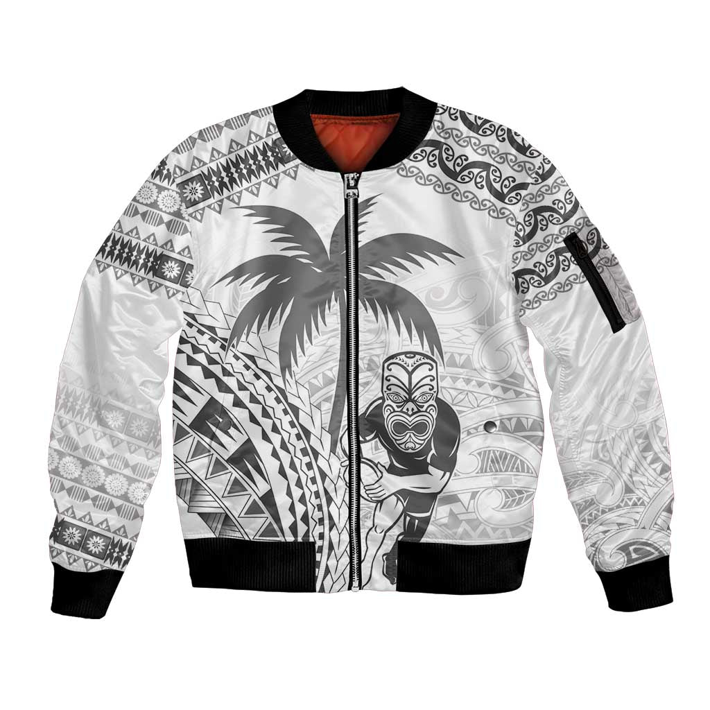 Custom Fiji Black Fern Sleeve Zip Bomber Jacket Maori Warroir with Fijian Masi Pattern LT9 Unisex White - Polynesian Pride