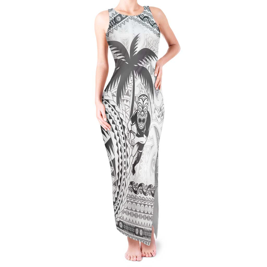 Custom Fiji Black Fern Tank Maxi Dress Maori Warroir with Fijian Masi Pattern LT9 Women White - Polynesian Pride