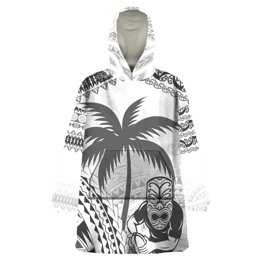 Custom Fiji Black Fern Wearable Blanket Hoodie Maori Warroir with Fijian Masi Pattern LT9 One Size White - Polynesian Pride