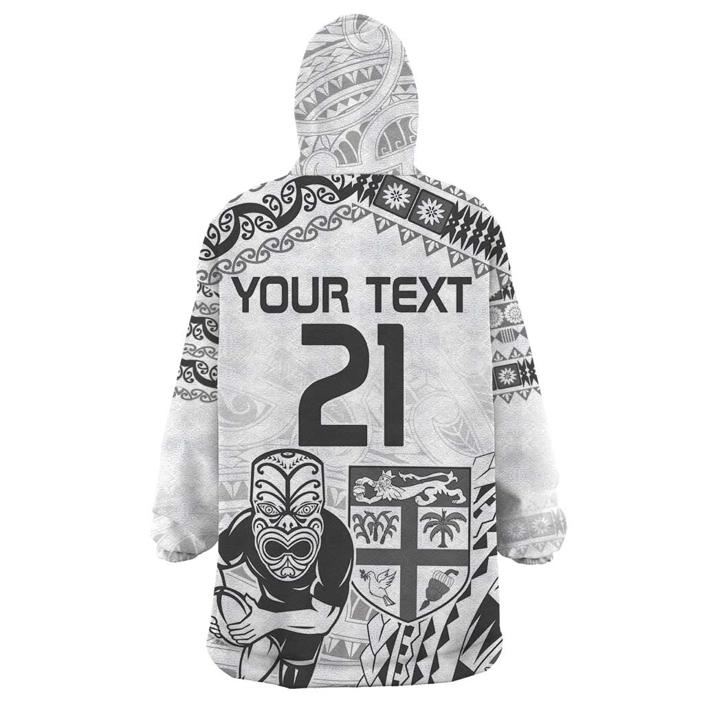 Custom Fiji Black Fern Wearable Blanket Hoodie Maori Warroir with Fijian Masi Pattern LT9 - Polynesian Pride