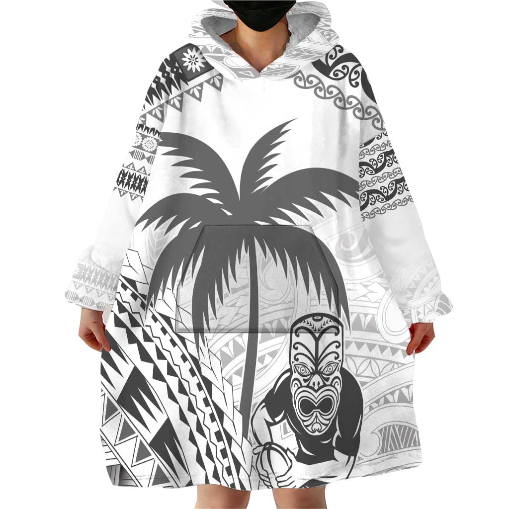 Custom Fiji Black Fern Wearable Blanket Hoodie Maori Warroir with Fijian Masi Pattern LT9 - Polynesian Pride
