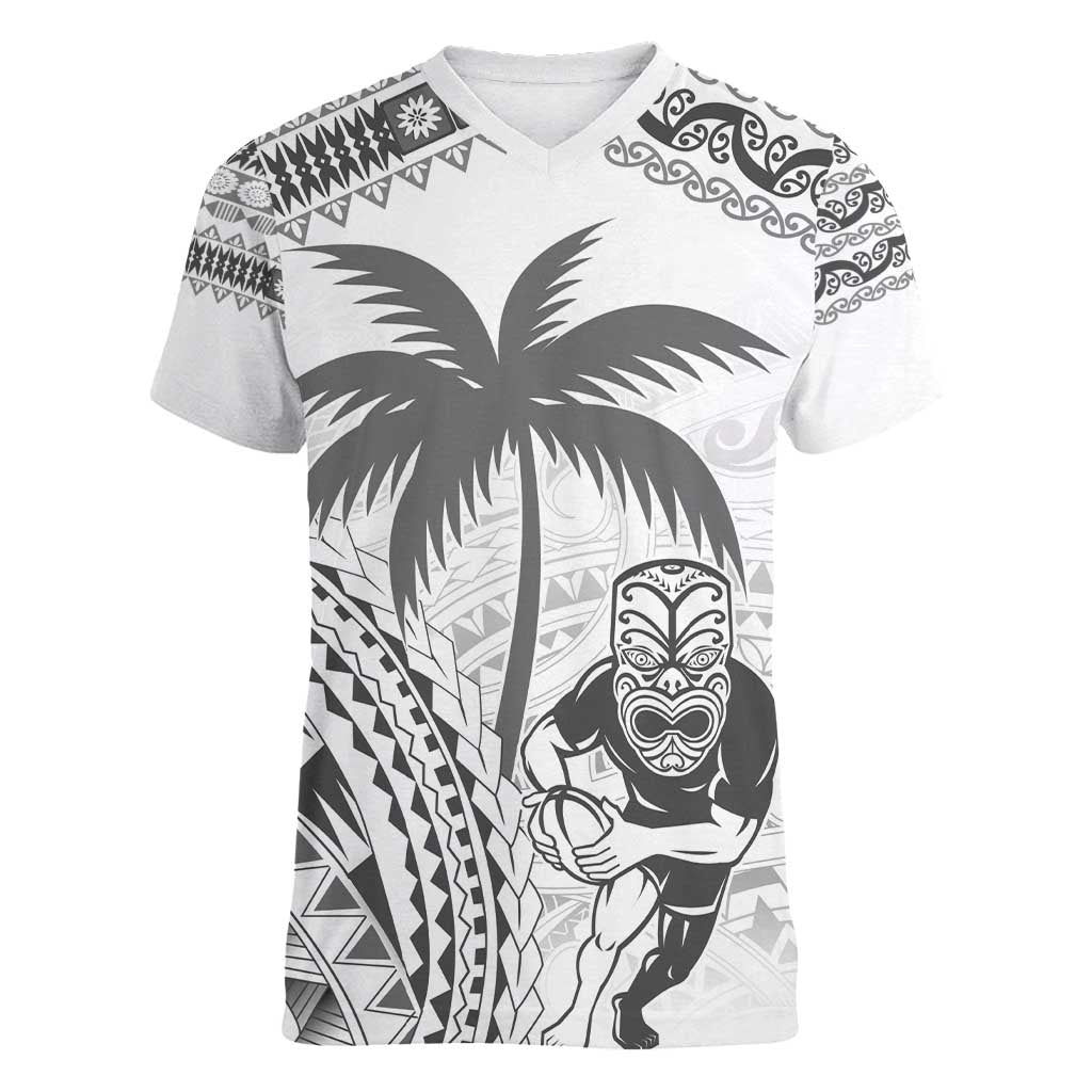 Custom Fiji Black Fern Women V-Neck T-Shirt Maori Warroir with Fijian Masi Pattern LT9 Female White - Polynesian Pride